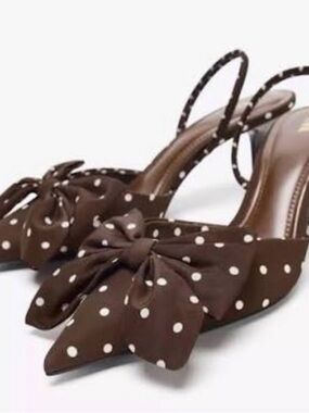 ZARA Brown Polka Dot Bow Pointed Toe Slingback Heels